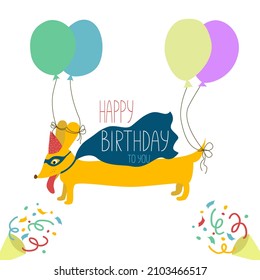 Birthday greeting card. Dachshund character in a superhero costume who flies on balloons. Template of a ready-made greeting card for printing and publication on the website, social networks