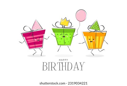 Birthday greeting card with dancing bright gift boxes in a crown and caps with a balloon, greeting text, white background. Vector illustration. Flat design style.