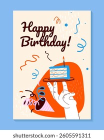 Birthday greeting card design with cake, balloons and typography design. Abstract universal grunge artistic templates. For poster, business card, invitation, flyer, banner, email header