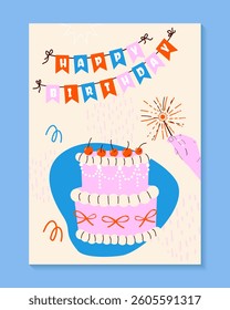 Birthday greeting card design with cake, balloons and typography design. Abstract universal grunge artistic templates. For poster, business card, invitation, flyer, banner, email header