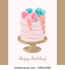 Birthday greeting card design with cake,decorated with flowers from cream.Vector illustration