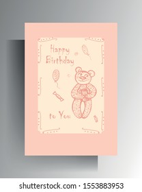 Birthday greeting card design. A cute character in pastel colors is manually drawn. Vector 10 EPS.