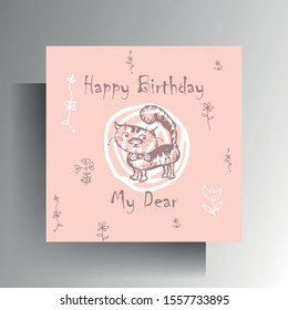 Birthday greeting card design. A cute character in pastel colors is manually drawn. Vector 10 EPS.