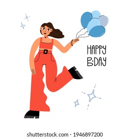 Birthday greeting card design. Cute fashionable girl in red outfit and choker holding a lot of balloons and dancing. Happy B-Day hand lettering. Vector isolated illustration.