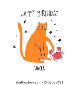 Birthday greeting card design with cute cartoon zodiac cat Cancer and lettering Happy Birthday. Vector illustration zodiacal symbols. Isolated on white background.