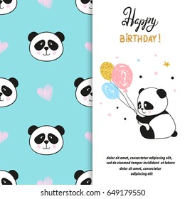 Birthday greeting card design with cute panda bear. Vector illustration