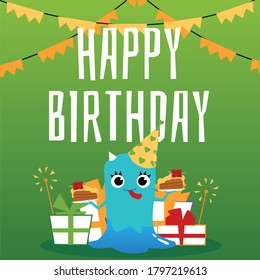 Birthday greeting card design with funny cartoon alien character and gift boxes on green background, flat vector illustration. Monster thematic party celebration.