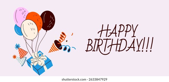 Birthday greeting card design with gift box, balloons and typography design. Abstract universal grunge artistic templates. For poster, business card, invitation, flyer, banner, email header