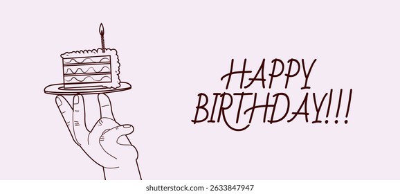 Birthday greeting card design with hand holds the cake and typography design. Abstract universal grunge artistic templates. For poster, business card, invitation, flyer, banner, email header