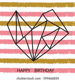 Birthday Greeting Card design with hand drawn outline of a heart shape". Vector illustration on a striped background.