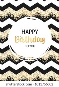 Birthday greeting card design. Vector geometric illustration with gold confetti. Happy birthday to you inscription