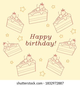 Diseño de tarjetas de felicitación de cumpleaños. Ilustración vectorial con tortas y estrellas.
