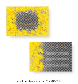 Birthday greeting card design with yellow petals of flowering daffodils on a transparent background