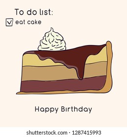 Birthday greeting card. Doodle style illustration.  Sweets and pastries. Vector illustration.