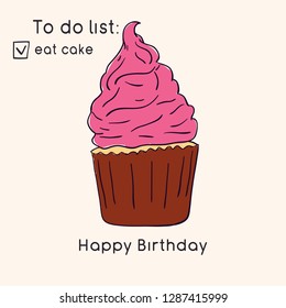 Birthday greeting card. Doodle style illustration.  Sweets and pastries. Vector illustration.