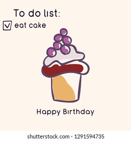 Birthday greeting card. Doodle style illustration. Sweets and pastries. Vector illustration.