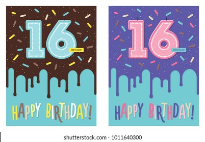 Birthday greeting card with dripping glaze on decorated cake and number 16 celebration candle