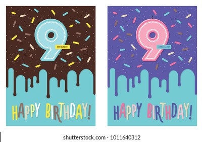 Birthday greeting card with dripping glaze on decorated cake and number 9 celebration candle
