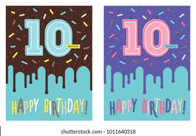 Birthday greeting card with dripping glaze on decorated cake and number 10 celebration candle