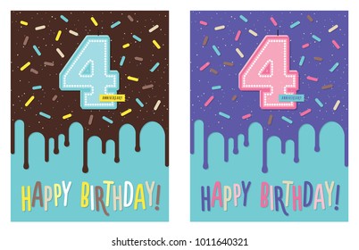 Birthday greeting card with dripping glaze on decorated cake and number 4 celebration candle