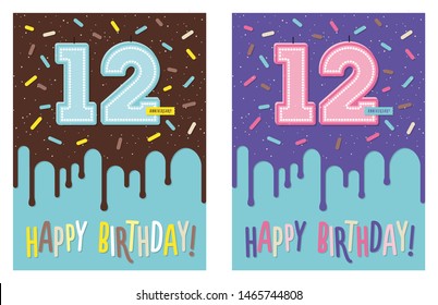 Birthday greeting card with dripping glaze on decorated cake and number 12 celebration candle