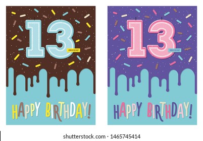 Birthday greeting card with dripping glaze on decorated cake and number 13 celebration candle