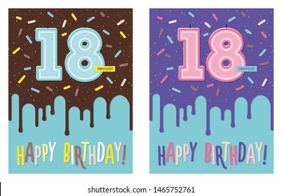 Birthday greeting card with dripping glaze on decorated cake and number 18 celebration candle