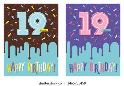 Birthday greeting card with dripping glaze on decorated cake and number 19 celebration candle