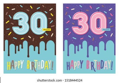 Birthday greeting card with dripping glaze on decorated cake and number 30 celebration candle