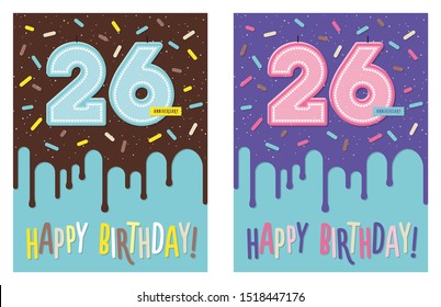 Birthday greeting card with dripping glaze on decorated cake and number 26 celebration candle