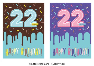 Birthday greeting card with dripping glaze on decorated cake and number 22 celebration candle