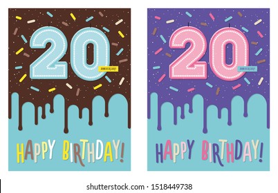 Birthday greeting card with dripping glaze on decorated cake and number 20 celebration candle
