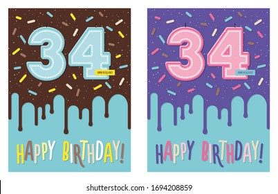 Birthday greeting card with dripping glaze on decorated cake and number 34 celebration candle