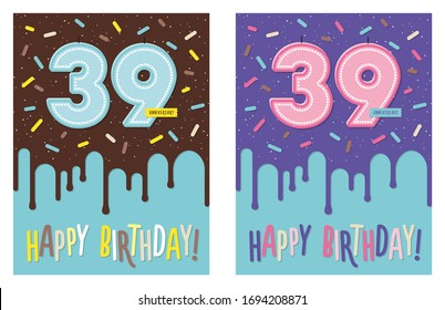 Birthday greeting card with dripping glaze on decorated cake and number 39 celebration candle