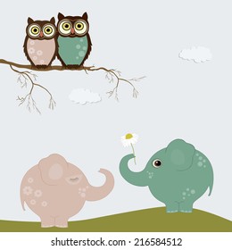 Birthday greeting card with elephants and owls