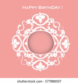 birthday greeting card with empty hand drawn frame on pink background