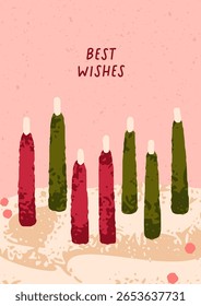 Cartão comemorativo de aniversário. Design de cartão postal festivo com melhores desejos, bolo de festa, decoração de velas, creme. Doce sobremesa de feriado, confecção tratar, cartaz no estilo moderno na moda. Ilustração de vetor plano
