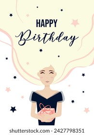 Geburtstag, Grußkarte. Flaches Design. Ein schönes, glückliches Mädchen. Illustration eines Mädchens, blond, Sterne, Schmuck, Geburtstag, Frauentag. Flaches Design.