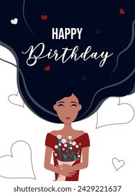 Cumpleaños, tarjeta de felicitación. Diseño plano. Una chica hermosa y feliz. Ilustración de una niña en un vestido rojo con flores, joyas, cumpleaños, día de la mujer. Fondo con corazones. Diseño plano.