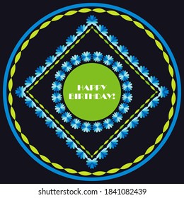 Birthday greeting card with flowers and geometric shapes. A festive banner. Vector illustration for web design or print.