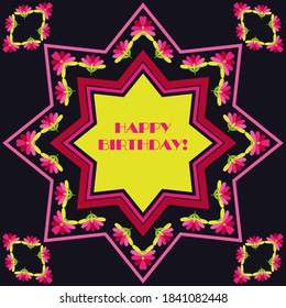 Birthday greeting card with flowers and geometric shapes. A festive banner. Vector illustration for web design or print.