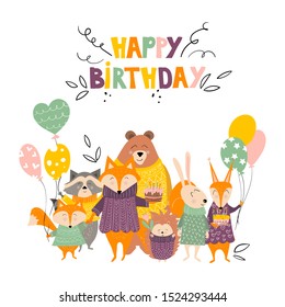 Birthday greeting card with forest animals (bear, rabbit, fox, squirrel, racoon, hedgehog), text and balloons. Vector template for cards, invitations and other