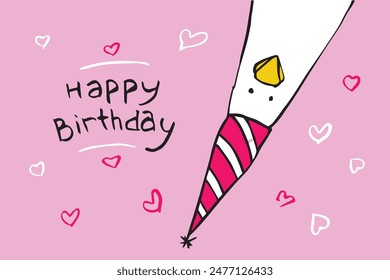 Birthday greeting card with fun character, crazy duck in a hut