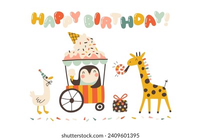 Birthday greeting card with funny characters of a giraffe, a goose and a penguin with ice cream. Bubble lettering cute confetti. Vector illustration in simple hand drawn style. Pastel vintage palette