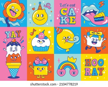 Birthday greeting card with funny and cute characters design.	