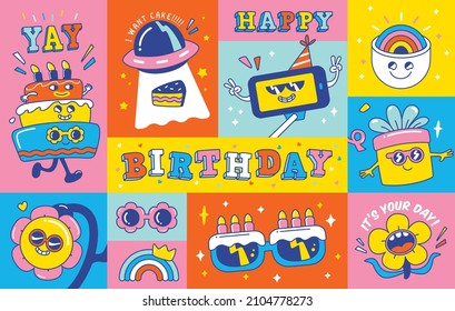 Birthday greeting card with funny and cute characters design.	