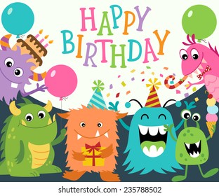 Birthday greeting card with funny cute monsters. Vector is cropped with Clipping Mask.