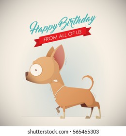 Birthday greeting card with funny dog character. Vector illustration.