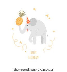 A birthday greeting card with a funny elephant holding a pineapple. Cartoon character isolated on white background