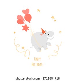 A birthday greeting card with a funny hippo flying with balloons. Cartoon character isolated on white background